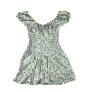 Hollister Mini Dress Short Puff Sleeve in White with Green Floral XS